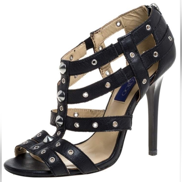 Jimmy Choo x H&M black leather studded accents T strap pumps size 39